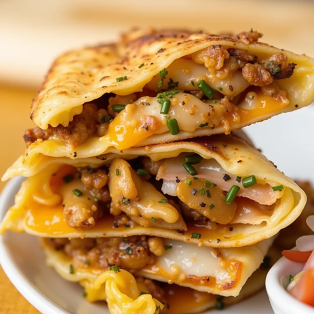 Stack of chicken quesadillas on a plate with salsa.