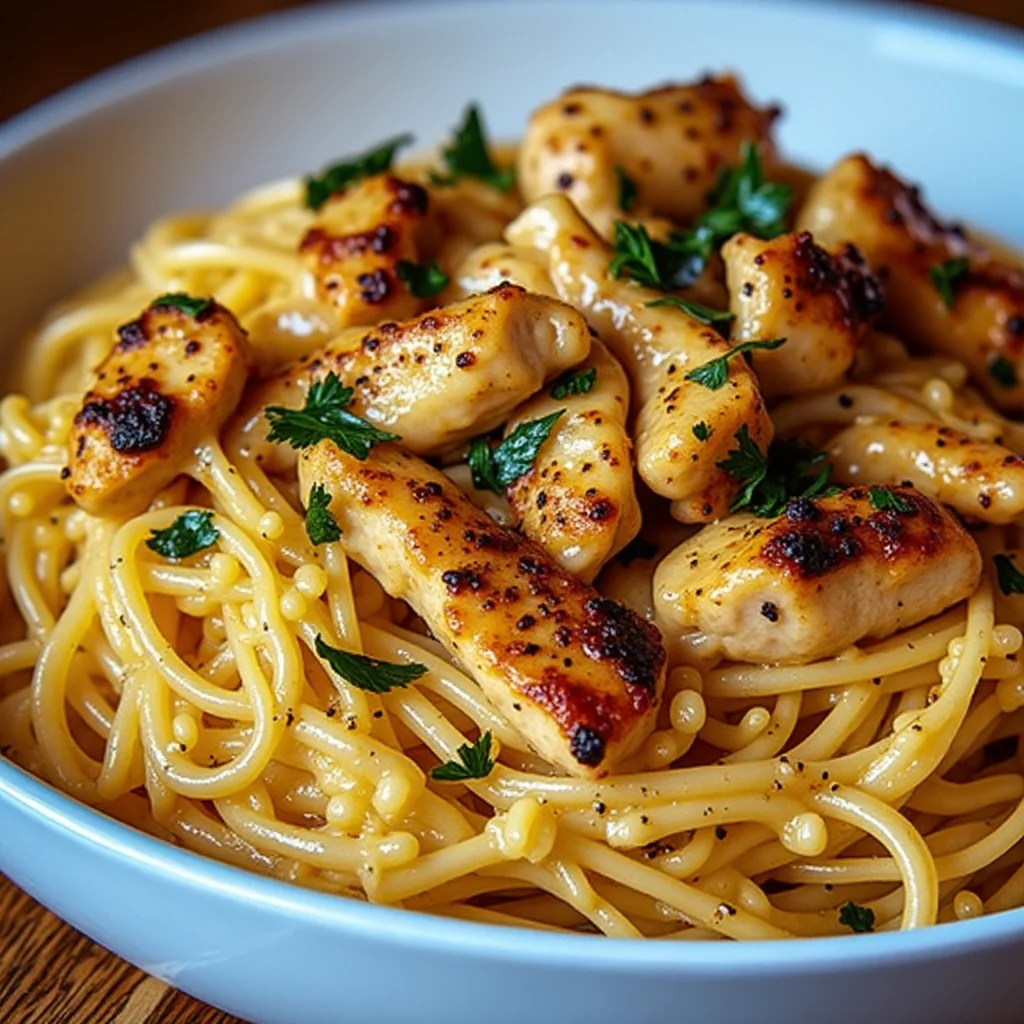 Close-up of a bowl of Cowboy Butter Chicken Linguine, featuring creamy pasta and perfectly cooked chicken pieces.