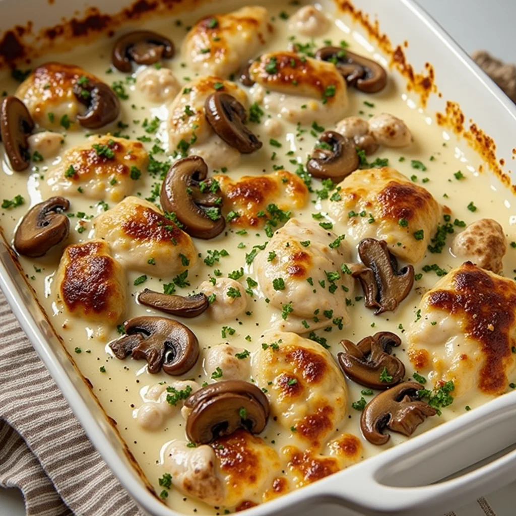 A close-up shot of a creamy keto chicken casserole with mushrooms in a white baking dish.