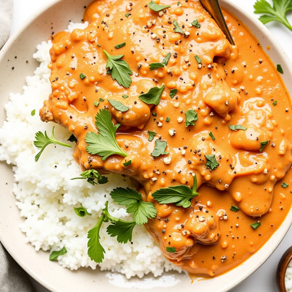 Overhead shot of garlic butter chicken served over white rice in a speckled bowl, garnished with cilantro and sesame seeds.