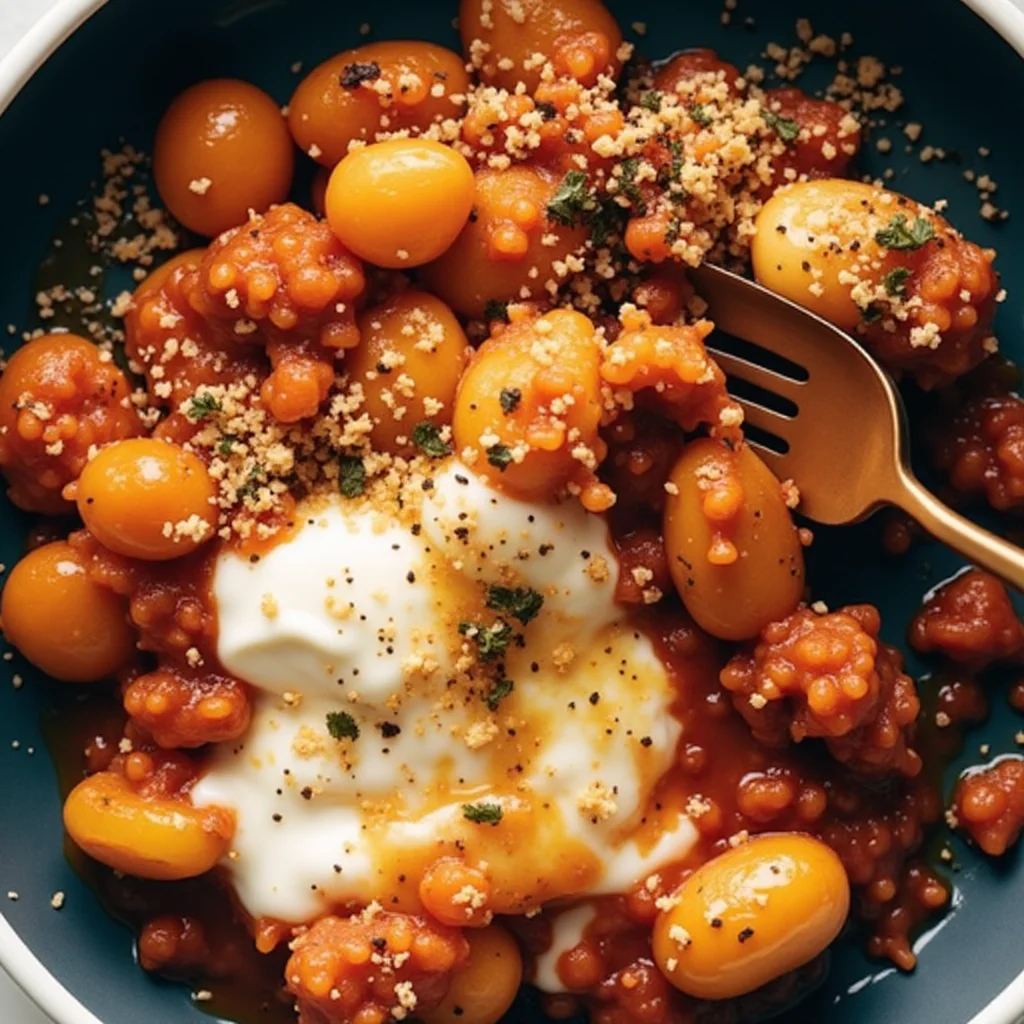 Close-up of a bowl of gnocchi with sausage ragu, ricotta, and breadcrumbs.