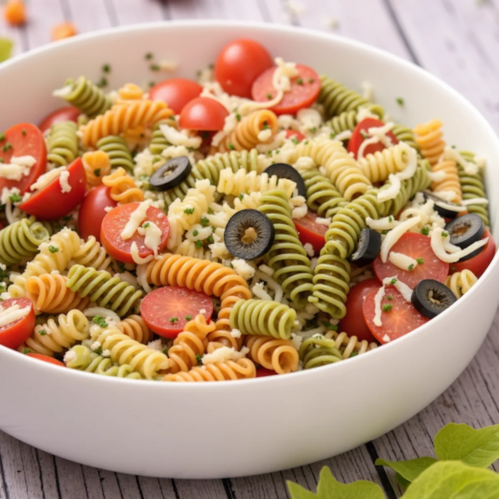 A colorful tri-colored rotini pasta salad in a large white bowl, featuring cherry tomatoes, black olives, and shredded cheese.