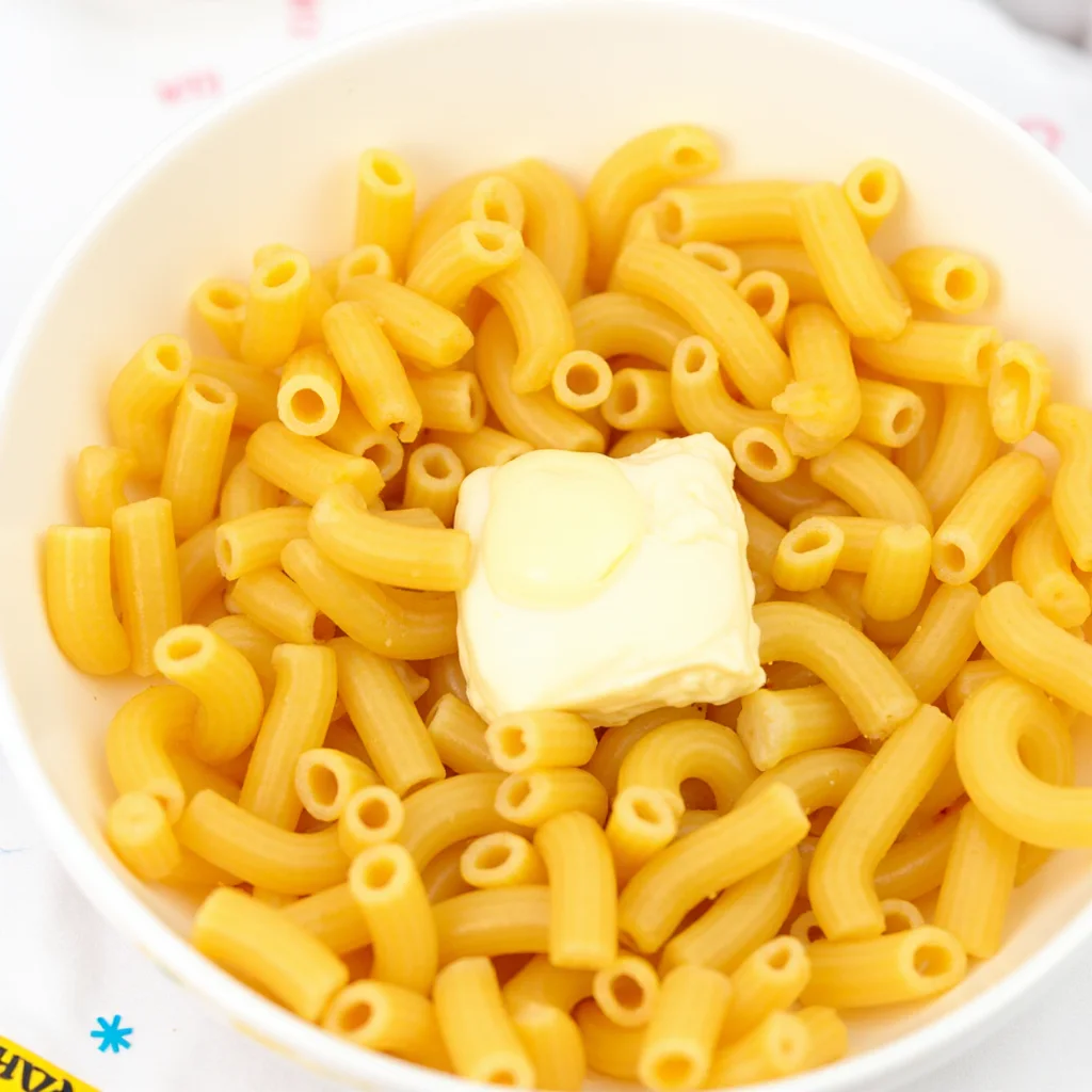 Bowl of cooked elbow macaroni with a pat of butter on top