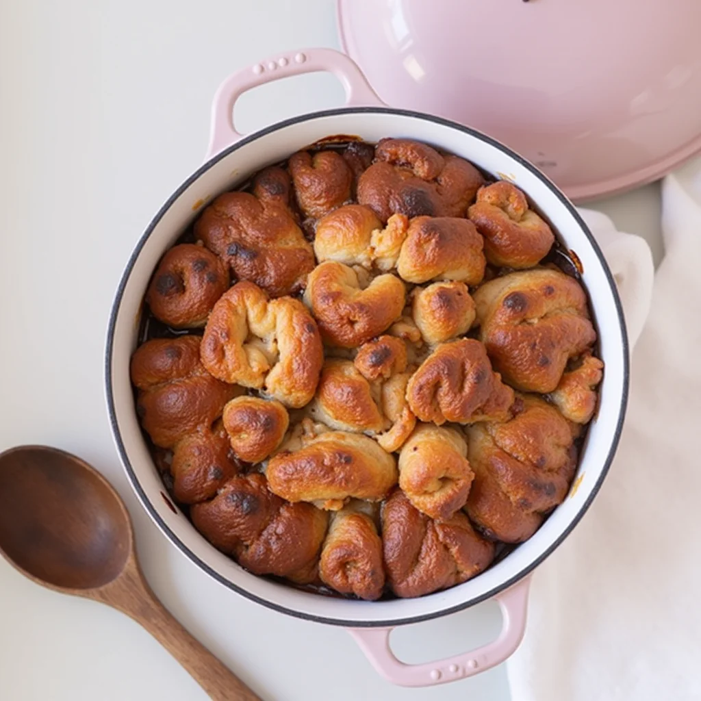 Overhead shot of Dutch Oven Monkey Bread with a wooden spoon and pink Dutch oven lid to the side.