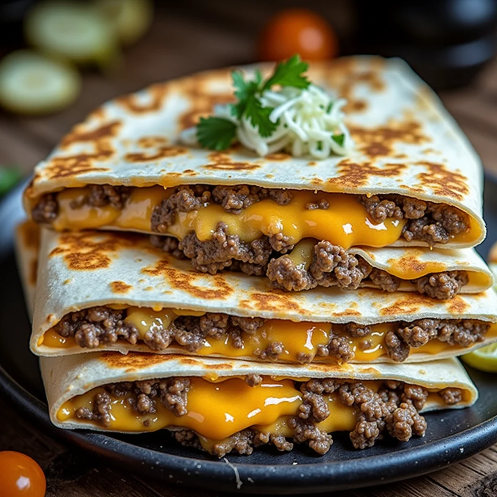 A stack of cheesy smashburger quesadillas, topped with a pickle and parsley, on a dark plate.