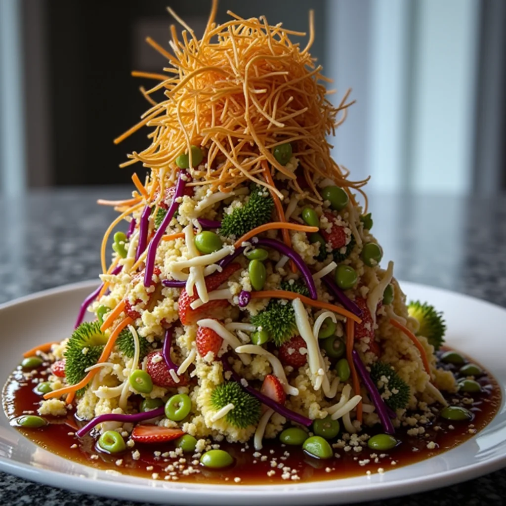 A high-quality, plated 'Strawberry Crackle Salad' featuring shredded cabbage, broccoli, carrots, green onions, sesame seeds, and crispy fried noodles atop a sweet sauce.