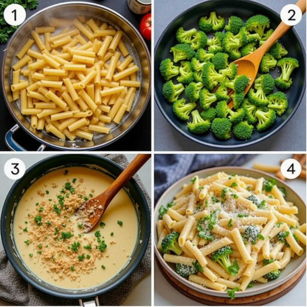 A four-panel image showing the steps to make broccoli cheese pasta. The first panel shows pasta boiling in a pot. The second panel shows sauteed broccoli in a pan. The third panel shows cheese sauce in a pan. The fourth panel shows the finished dish: broccoli cheese pasta.
