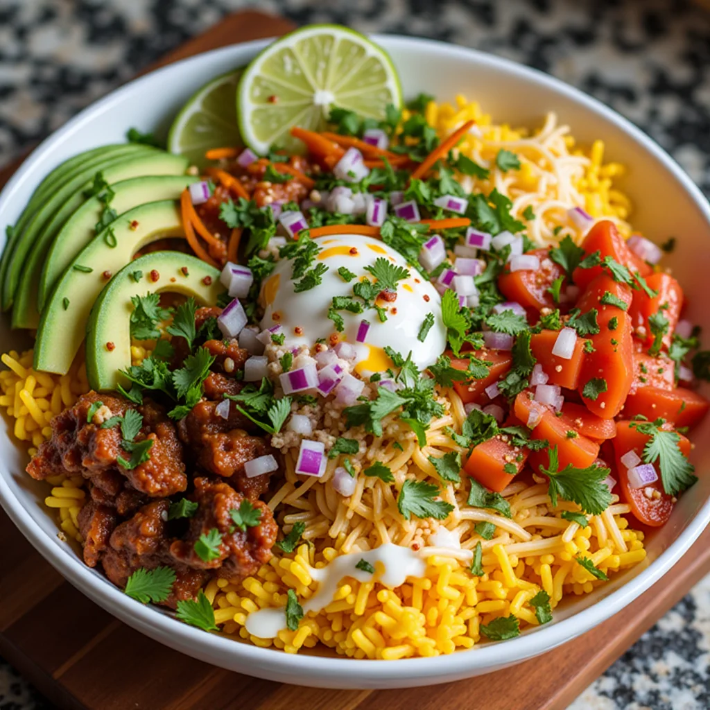 Colorful taco rice bowl with avocado, lime, egg, tomatoes, and ground beef.
