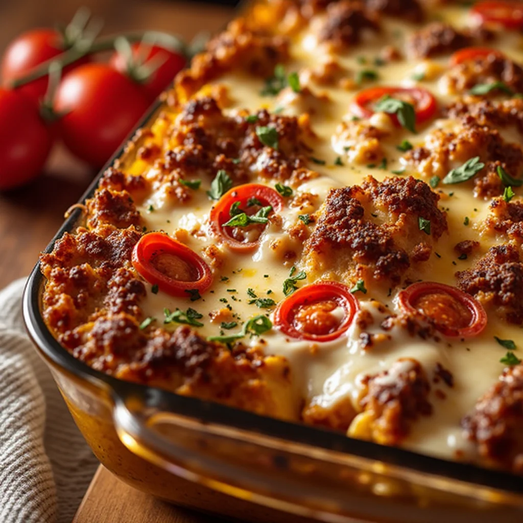 A baked Chicken Parmesan Casserole with melted cheese, tomato sauce, and fresh basil in a glass baking dish on a wooden board, with fresh tomatoes in the background.