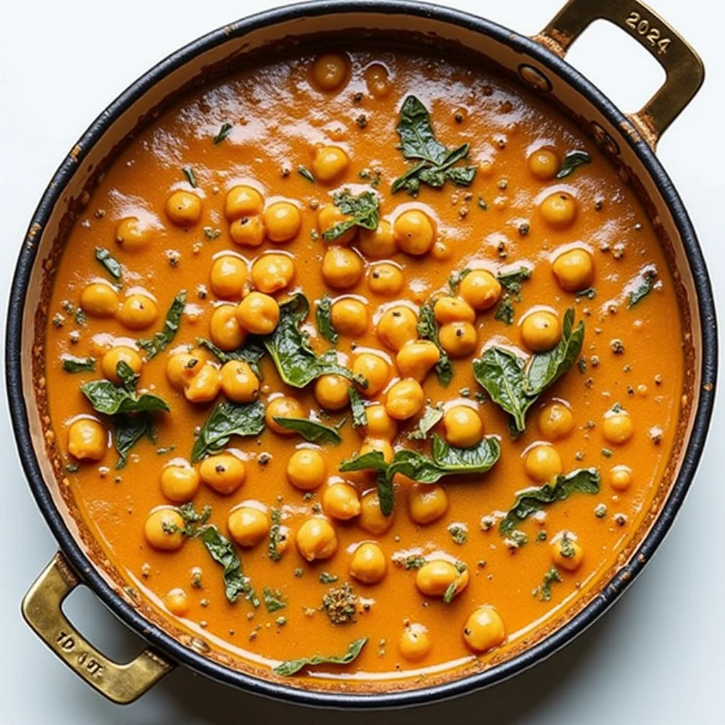 Overhead view of a pot filled with chickpea curry and spinach.