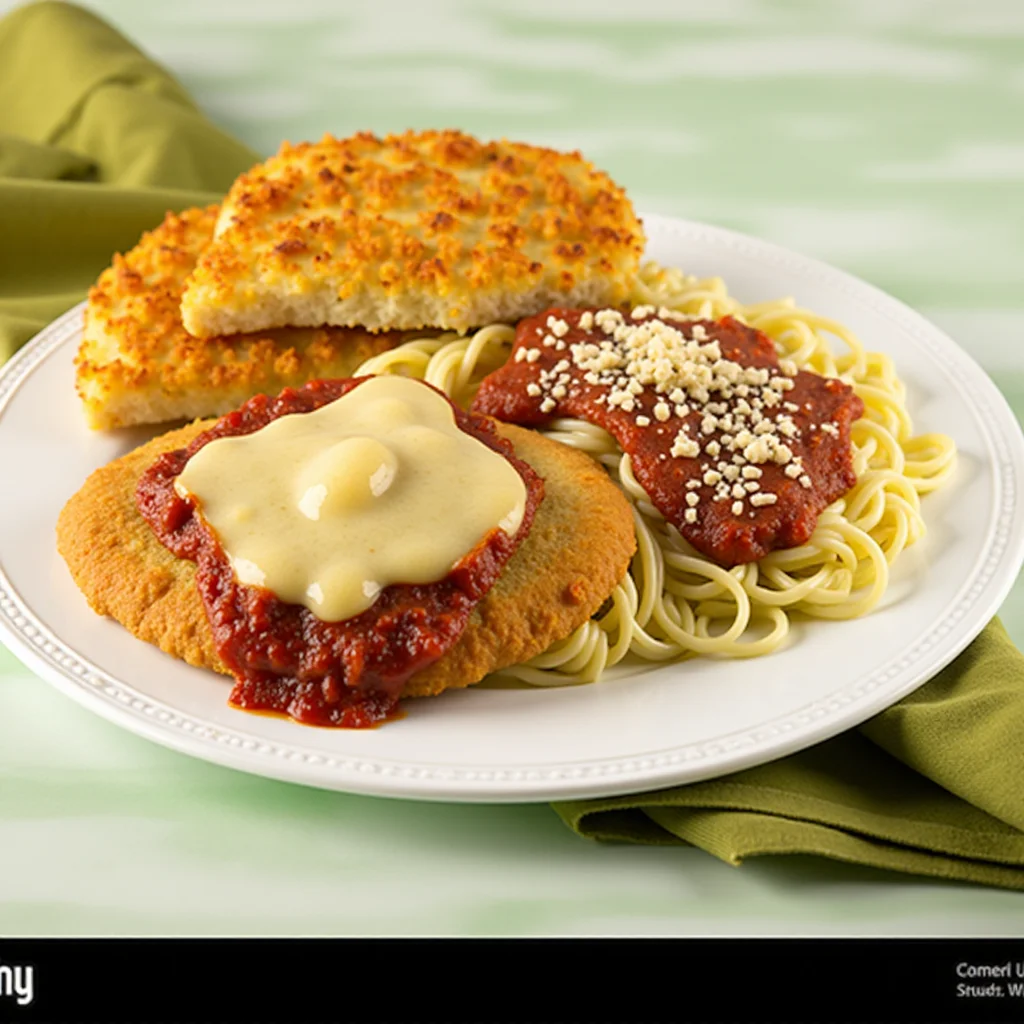 Plate of chicken parmesan with spaghetti and garlic bread.