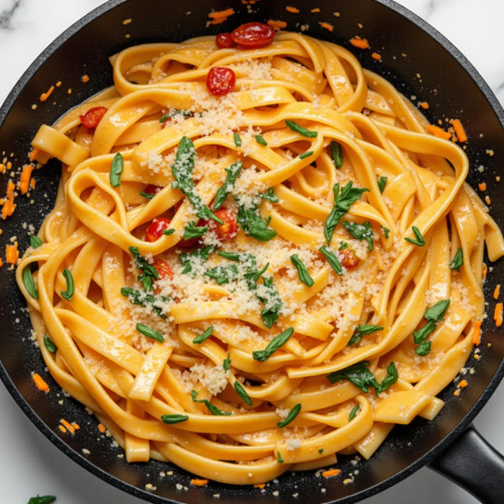 Overhead shot of vegan sun-dried tomato pasta in a skillet, topped with spinach and parmesan cheese.