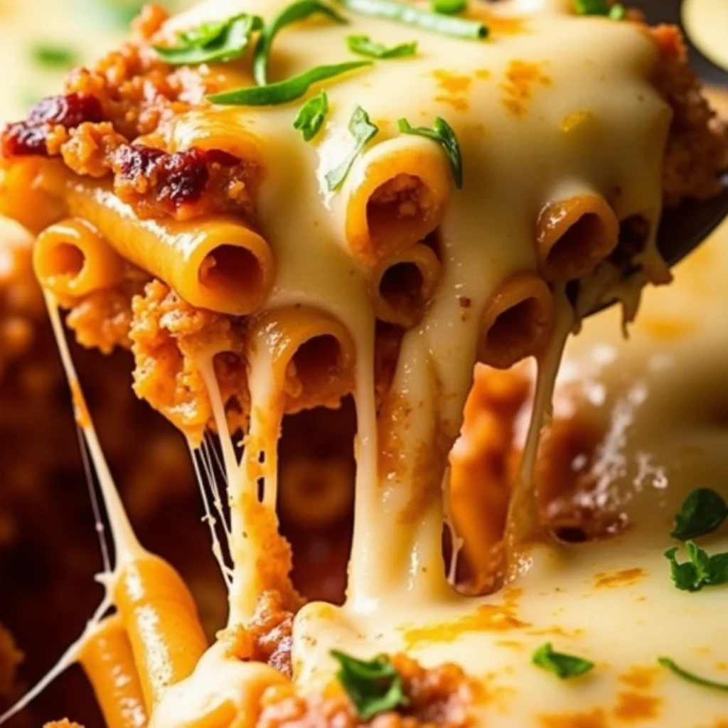 A spoonful of cheesy chicken pasta bake, with melted cheese dripping down.
