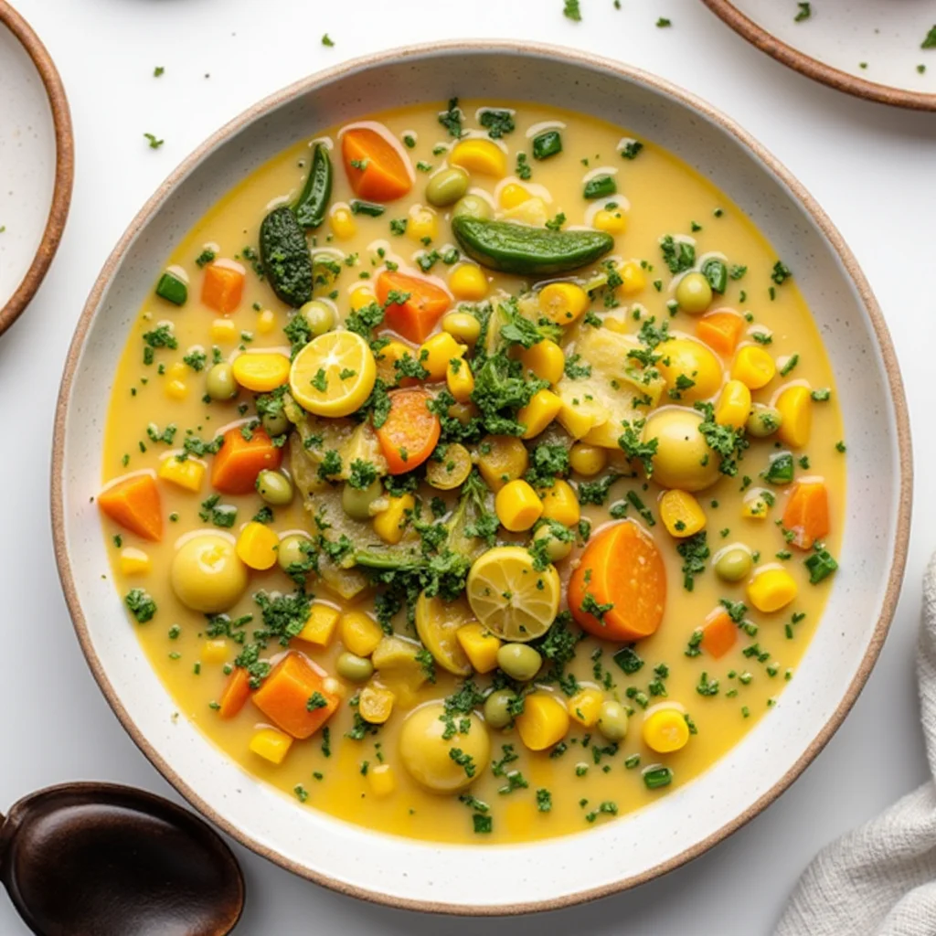 A bowl of Veggie Pot Pie Soup with a spoon and toast on the side.