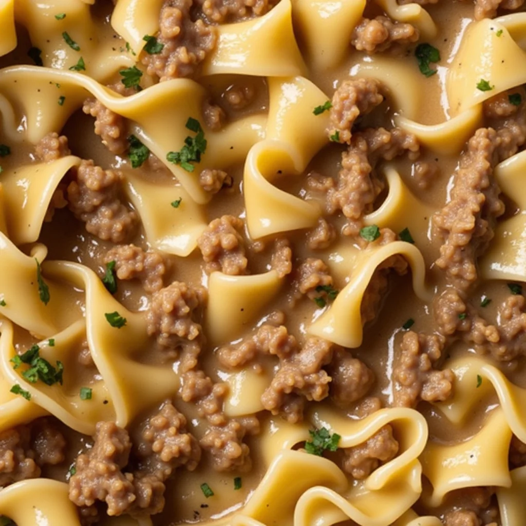 Overhead shot of easy beef and noodles, featuring wide egg noodles and ground beef in a creamy sauce, garnished with parsley.