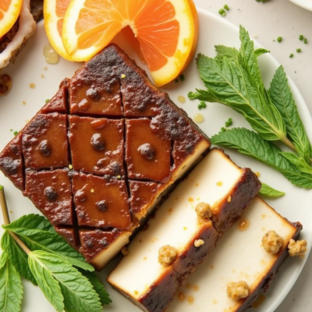 Close-up of brown sugar glazed tofu with orange slices and mint garnish on a white plate.