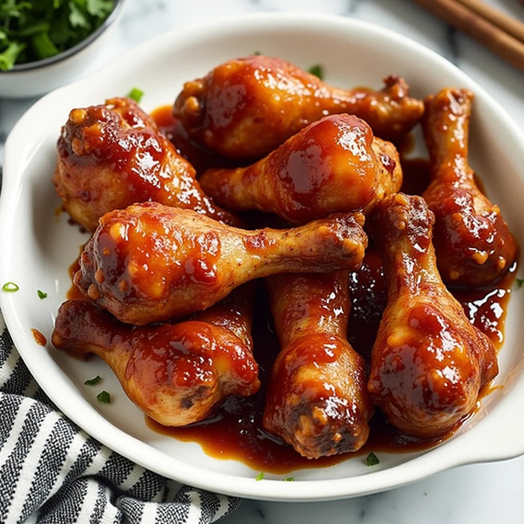 A bowl of delicious looking, saucy chicken drumsticks.