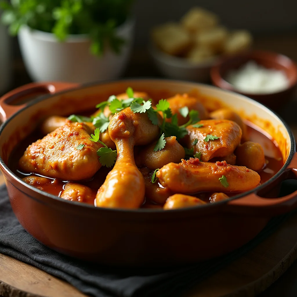 Overhead shot of a circular chicken dish plated on a textured white plate, next to a drink with a basil leaf.