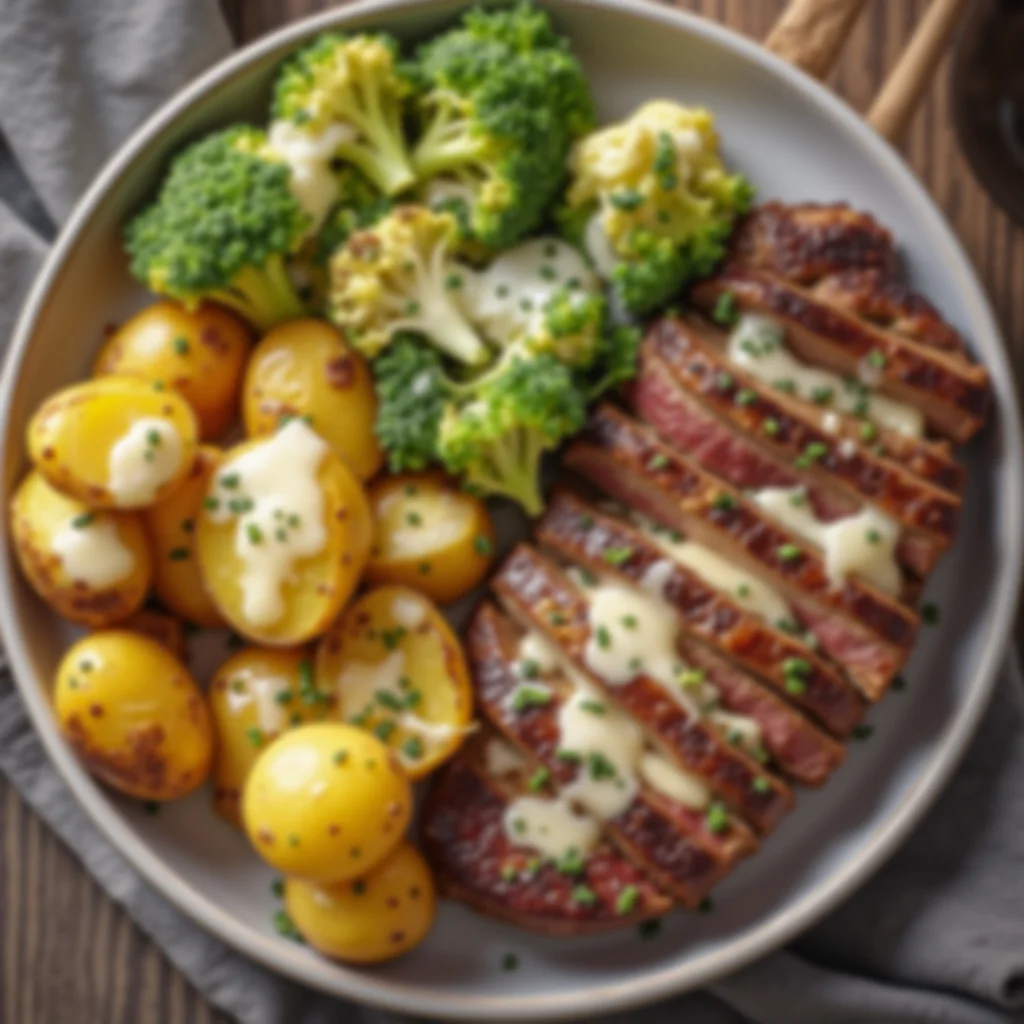 Delicious garlic butter steak served with potatoes and broccoli.