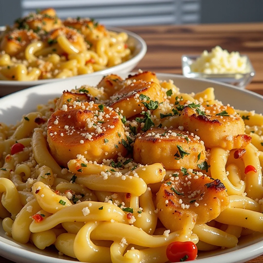Two plates of creamy shrimp mac and cheese with parsley and breadcrumbs.