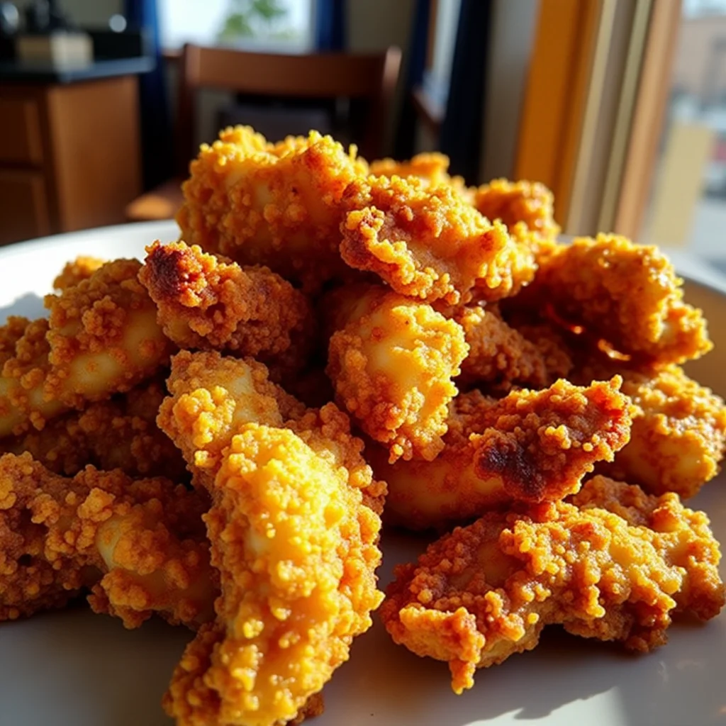 Pile of golden-brown gluten-free chicken tenders on a white plate.