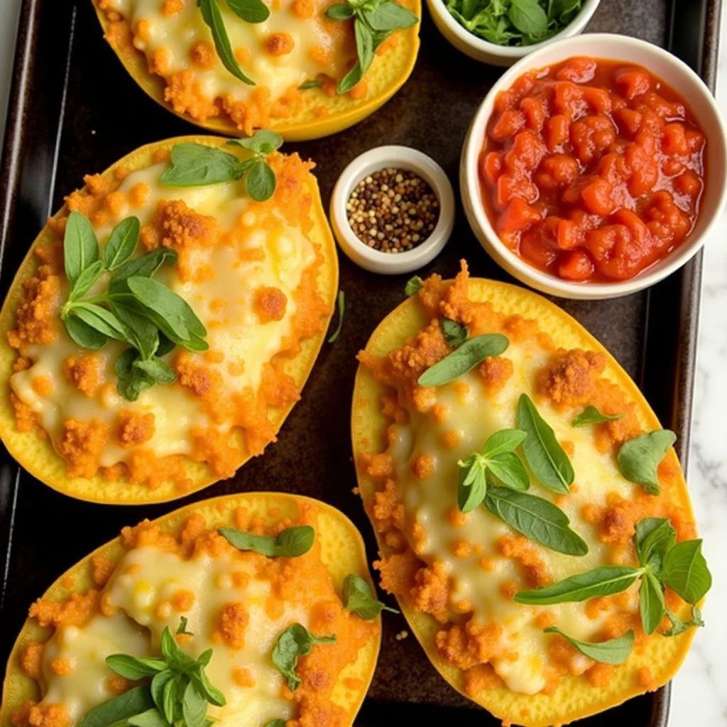 Overhead view of four spaghetti squash halves filled with lasagna and topped with melted cheese and fresh basil.