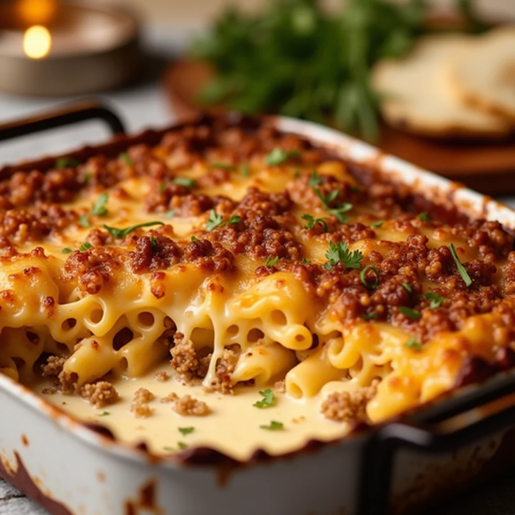 Cheesy ground beef pasta in a baking dish, topped with parsley.