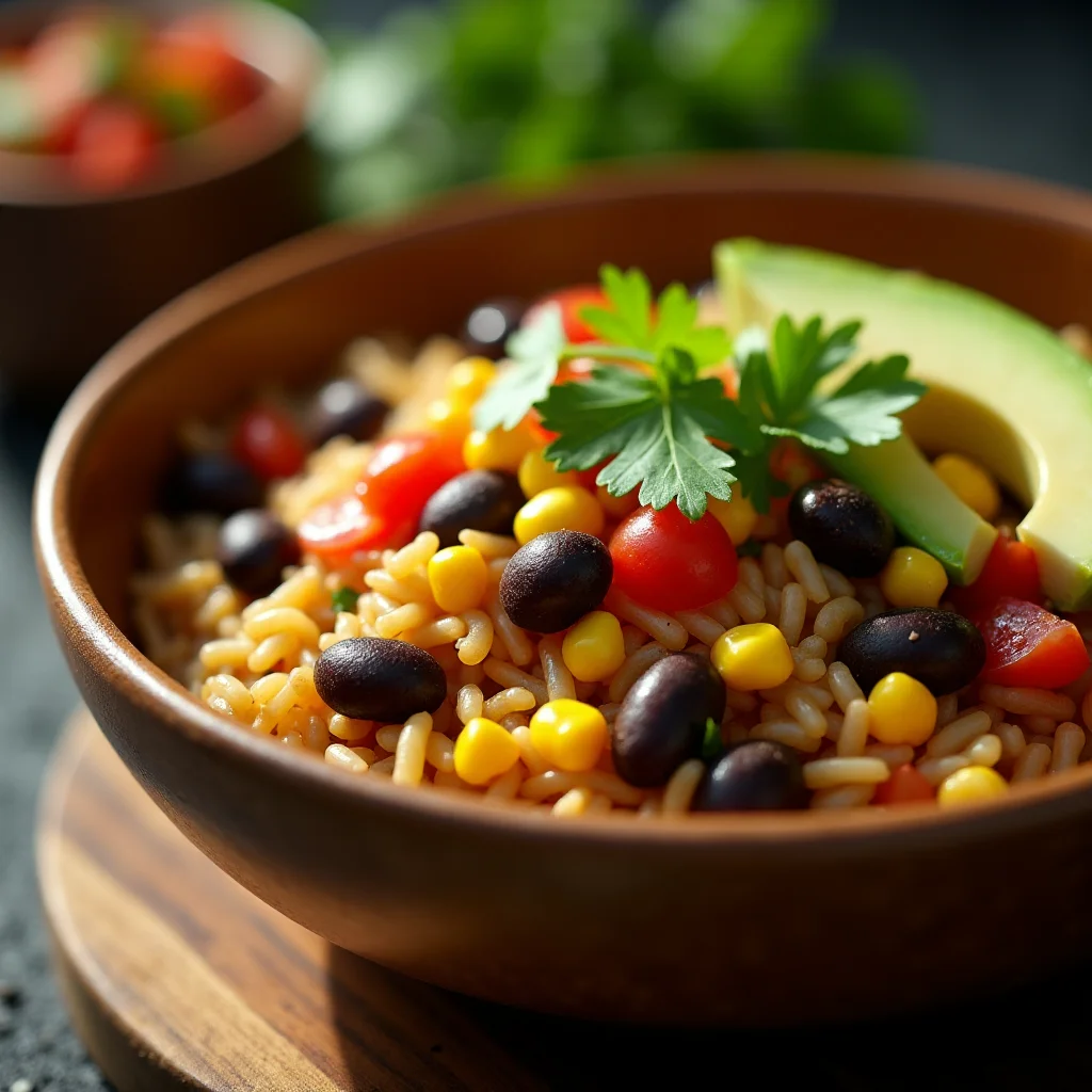 Delicious vegan burrito bowl with quinoa, black beans, corn, pico de gallo, guacamole, lime wedges, and vegan sour cream.