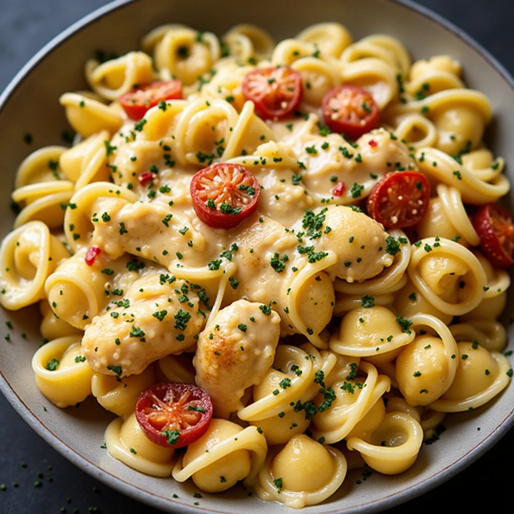 Bowl of Orecchiette pasta with butter sauce, parmesan cheese, chopped parsley, and halved roasted cherry tomatoes.