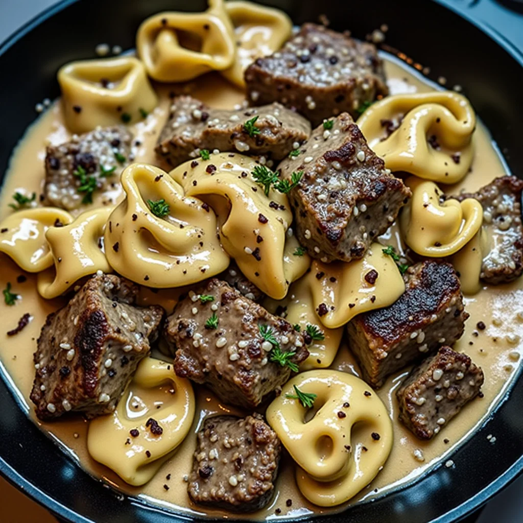 Close-up of garlic steak tortellini in a creamy sauce.