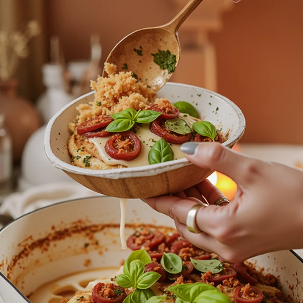 Person serving 'Marry Me Chicken' and rice into a bowl.