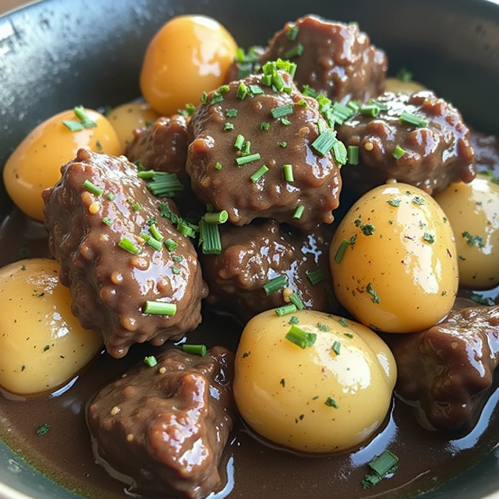 Close-up of slow cooker beef bites with potatoes, garnished with fresh parsley in a dark bowl.