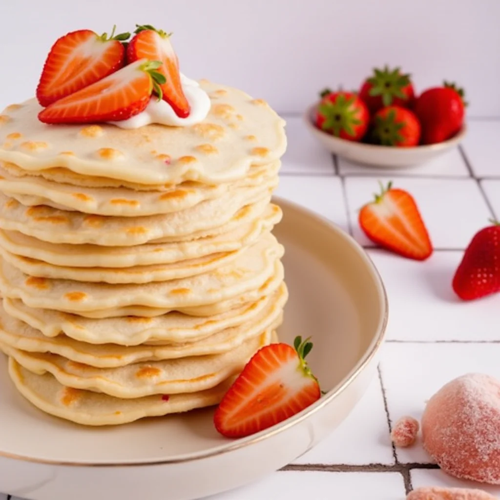 A tall stack of strawberry pancakes topped with cream and fresh strawberries.