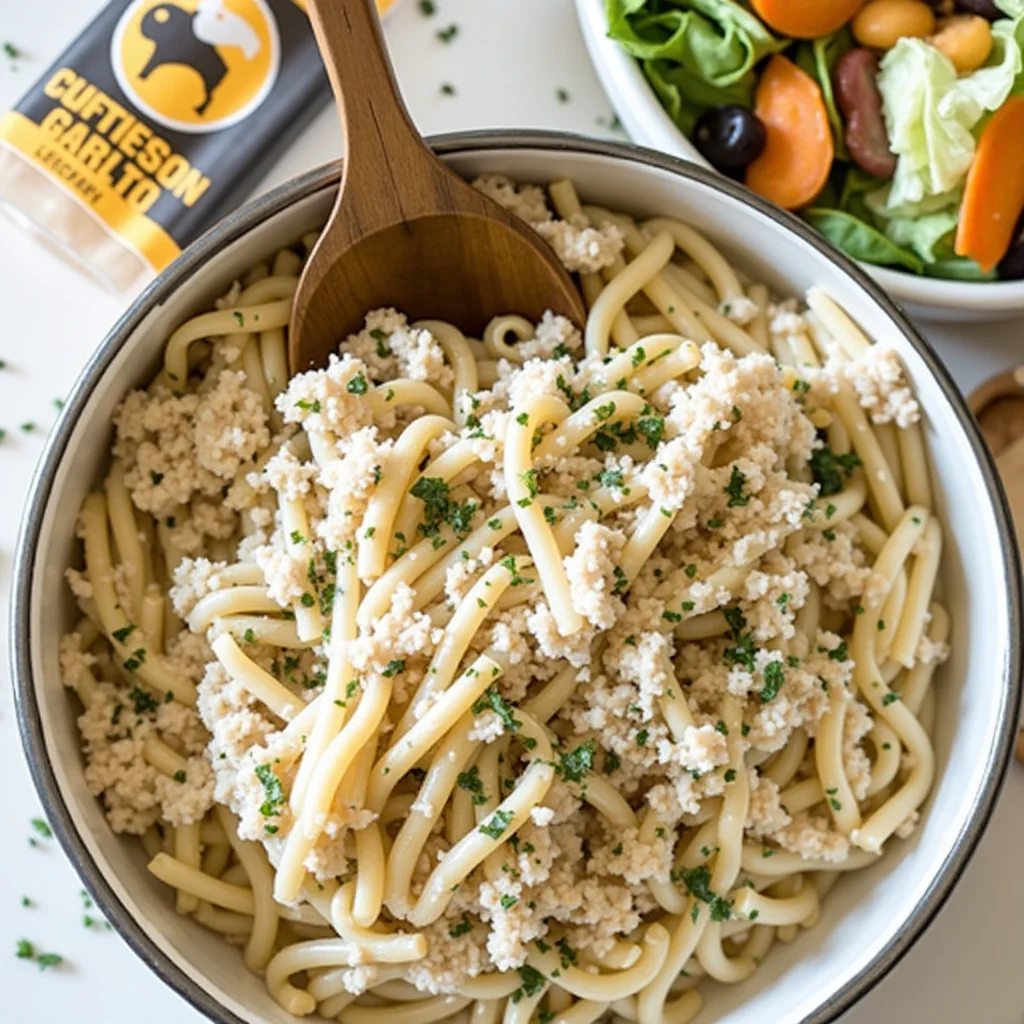 Overhead shot of creamy garlic parmesan chicken pasta in a bowl with a wooden spoon, a bottle of parmesan garlic sauce, and a salad on a white surface.