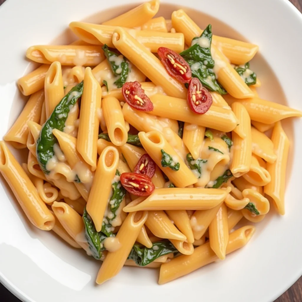 Overhead shot of creamy spinach and tomato pasta in a white bowl on a wooden table.