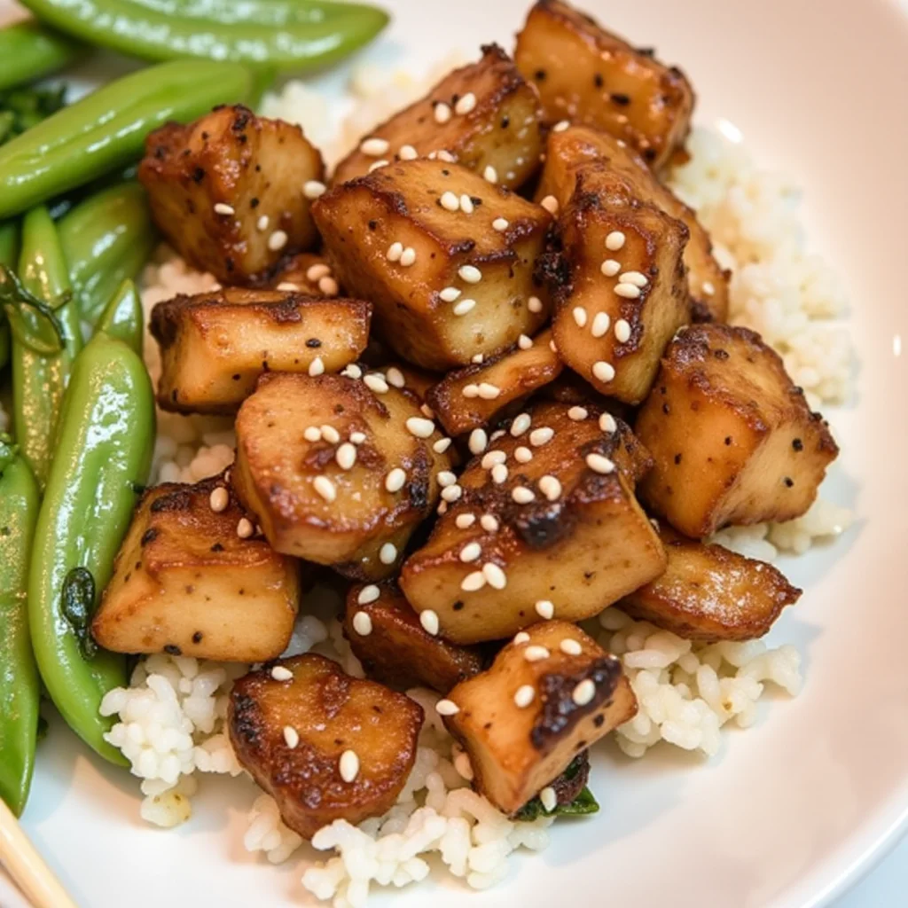 Close-up of honey garlic tofu with sesame seeds, served on rice with a side of snap peas.