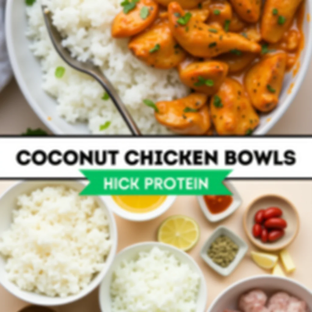 Overhead view of a coconut chicken rice bowl with a spoon resting in the rice.