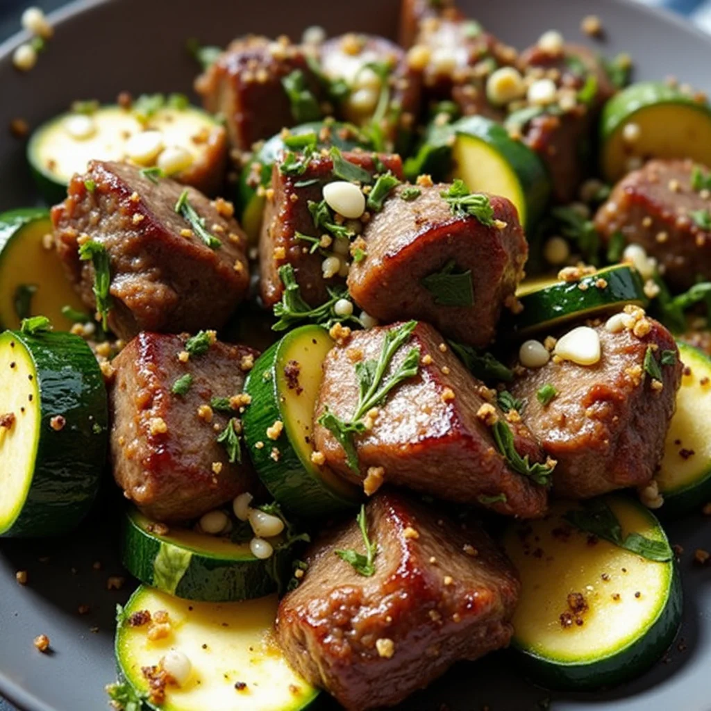 Close-up of garlic butter steak with zucchini in a bowl