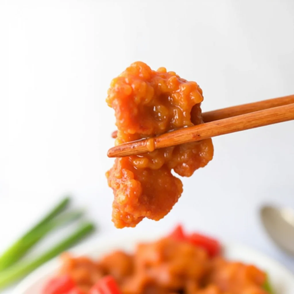 Close-up of sweet and sour chicken held in chopsticks with the rest of the dish in the background.