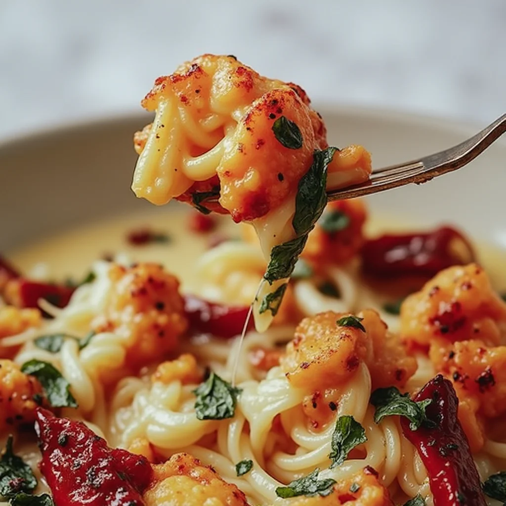 Close-up of roasted cauliflower and sun-dried tomatoes with cheese and spinach, served in a bowl, with a fork holding a piece of cauliflower.
