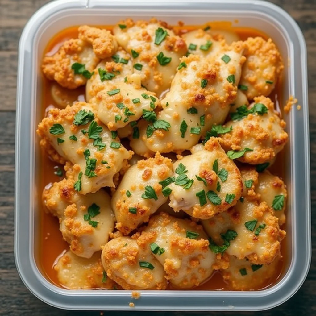 High protein chicken and potato dish with cheese and parsley in a container