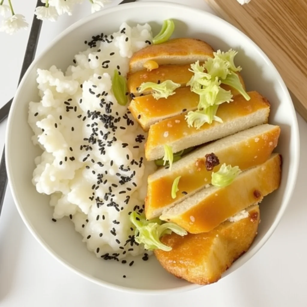 Overhead shot of a white bowl containing white rice with black sesame seeds, and slices of cooked chicken topped with chopped scallions.
