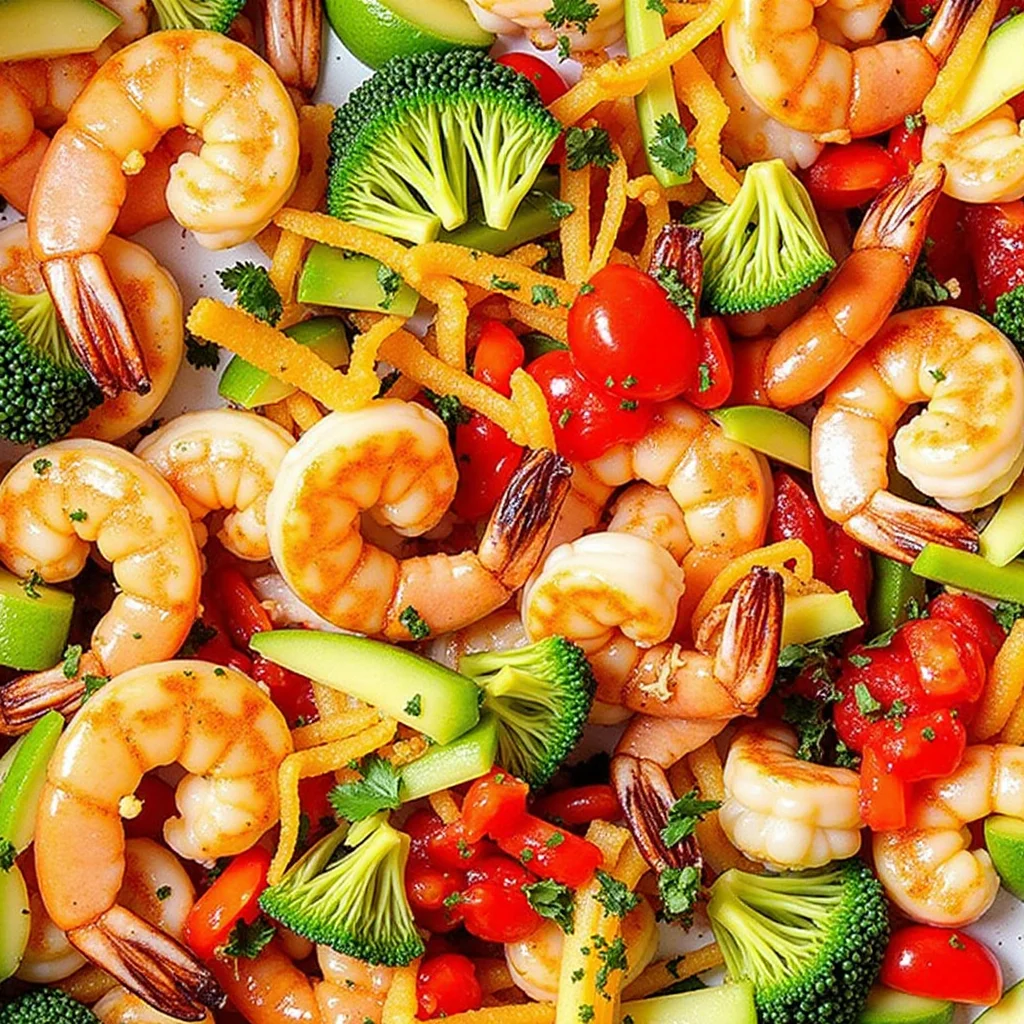 Overhead view of cooked shrimp, broccoli, and red peppers in a skillet.