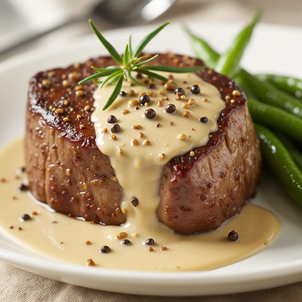 Delicious filet mignon steak with creamy peppercorn sauce.
