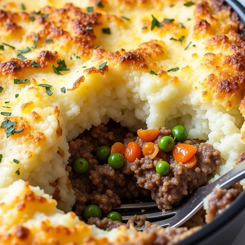 Close-up of cottage pie with mashed potato topping and meat filling.