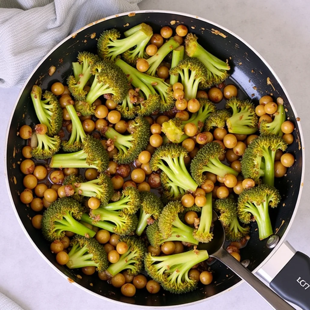 Overhead view of garlic broccoli stir fry in a black pan, with chickpeas and a dark sauce.