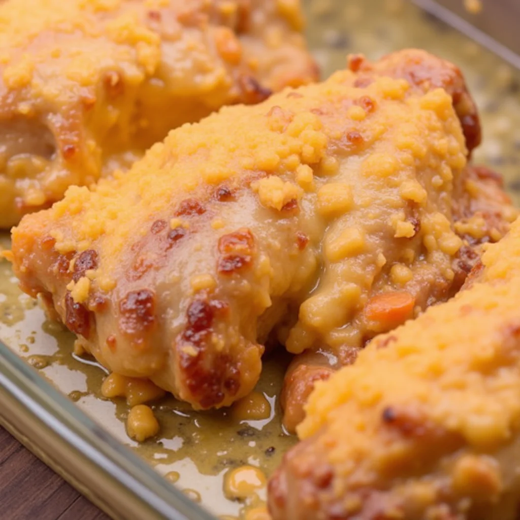 Close up of 4 Ingredient Ranch Chicken Bake in a glass baking dish.