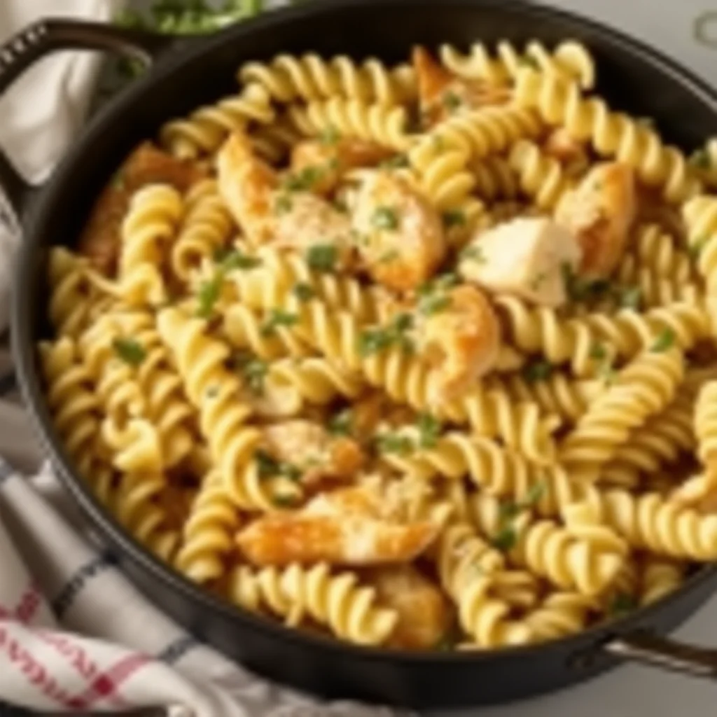 Chicken Fusilli Pasta in a skillet, ready to serve.