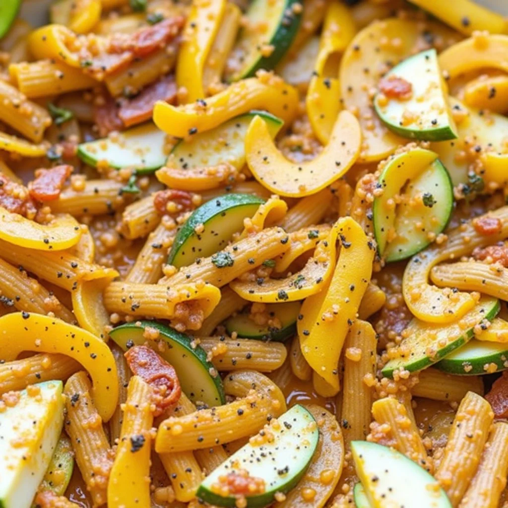 Close-up of one-pot tomato pasta with penne, zucchini, and yellow squash in a creamy tomato sauce, garnished with dried herbs.