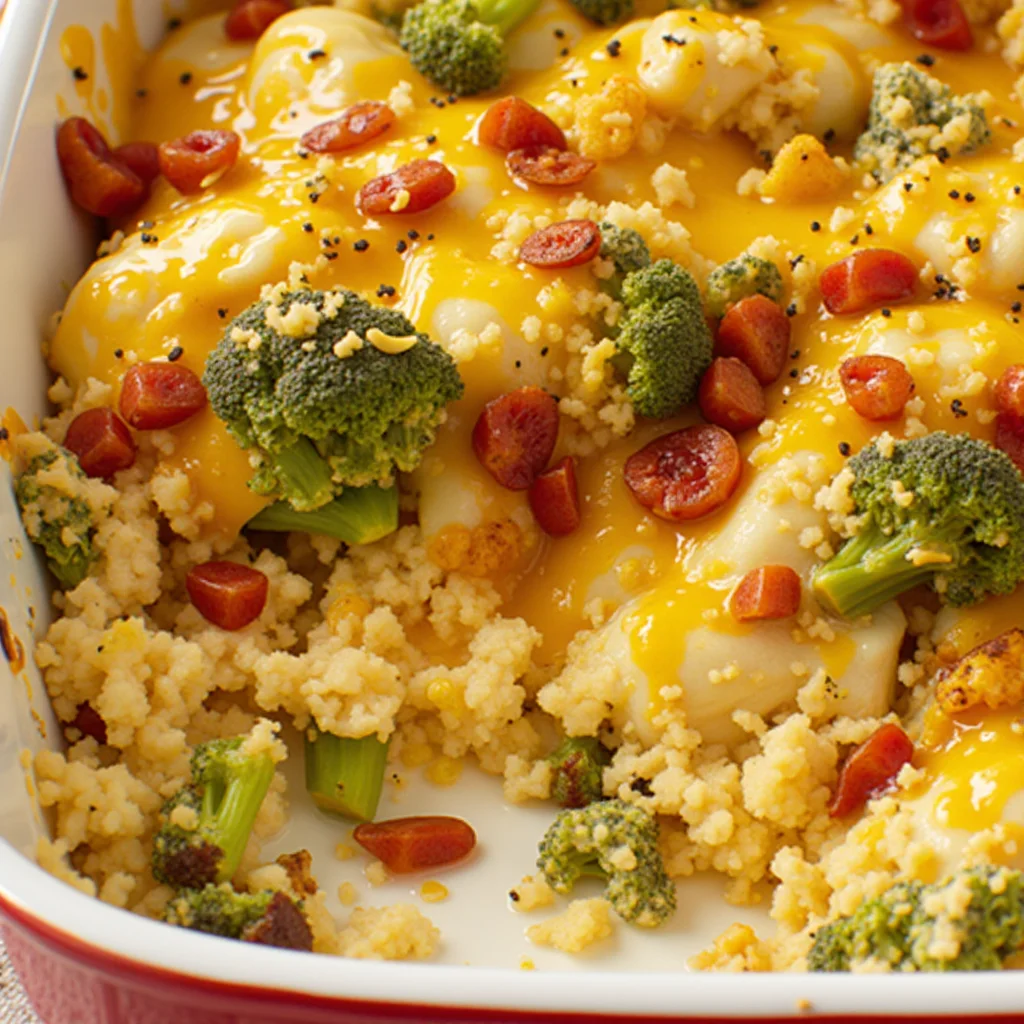 A close-up of low carb chicken casserole in a red baking dish.